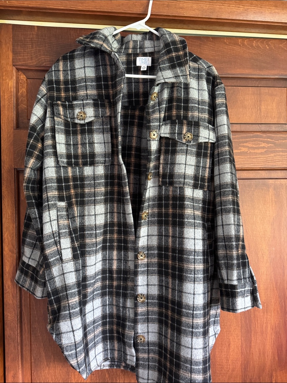 Time and Tru Black and Gray Plaid Button-Up Shacket